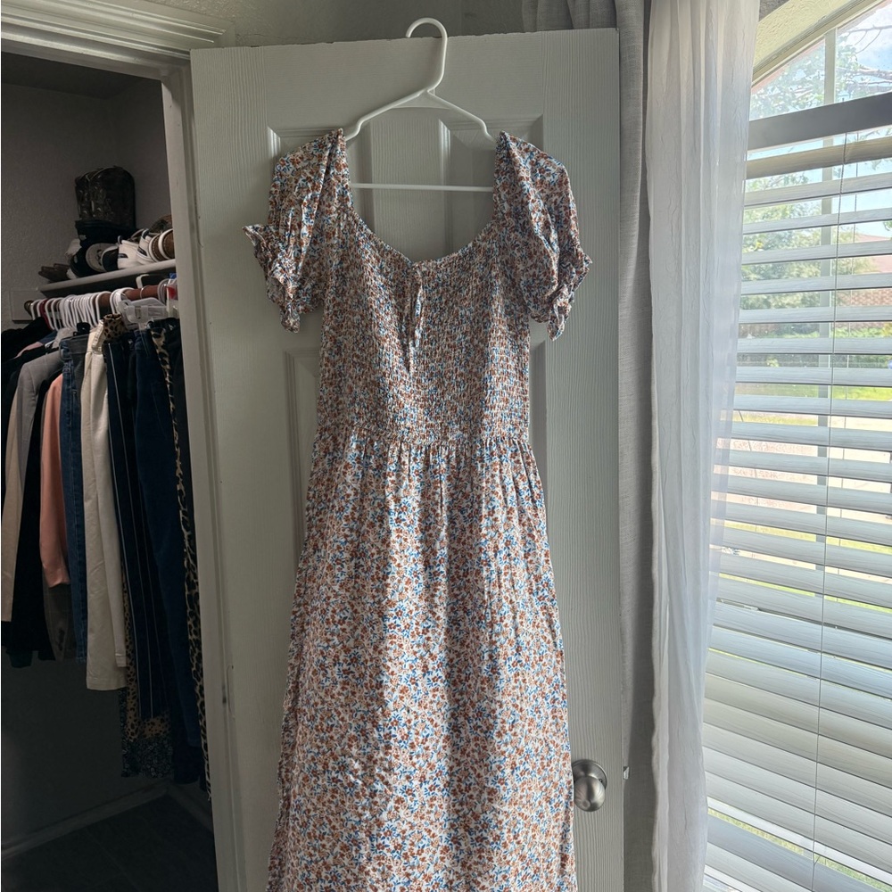 Pink and White Puff Sleeve Midi Sundress